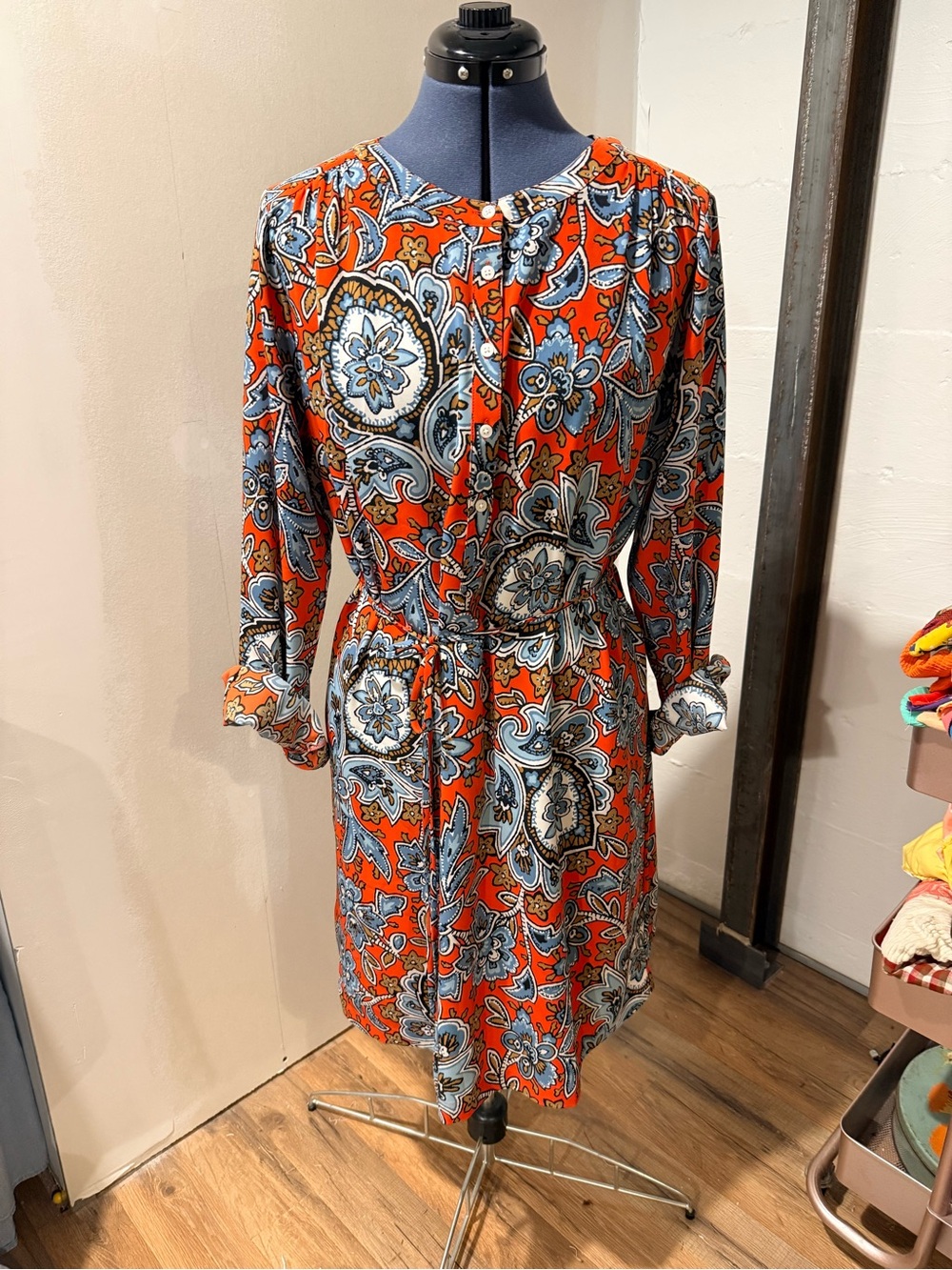 LOFT Orange Paisley Long-Sleeve Dress
